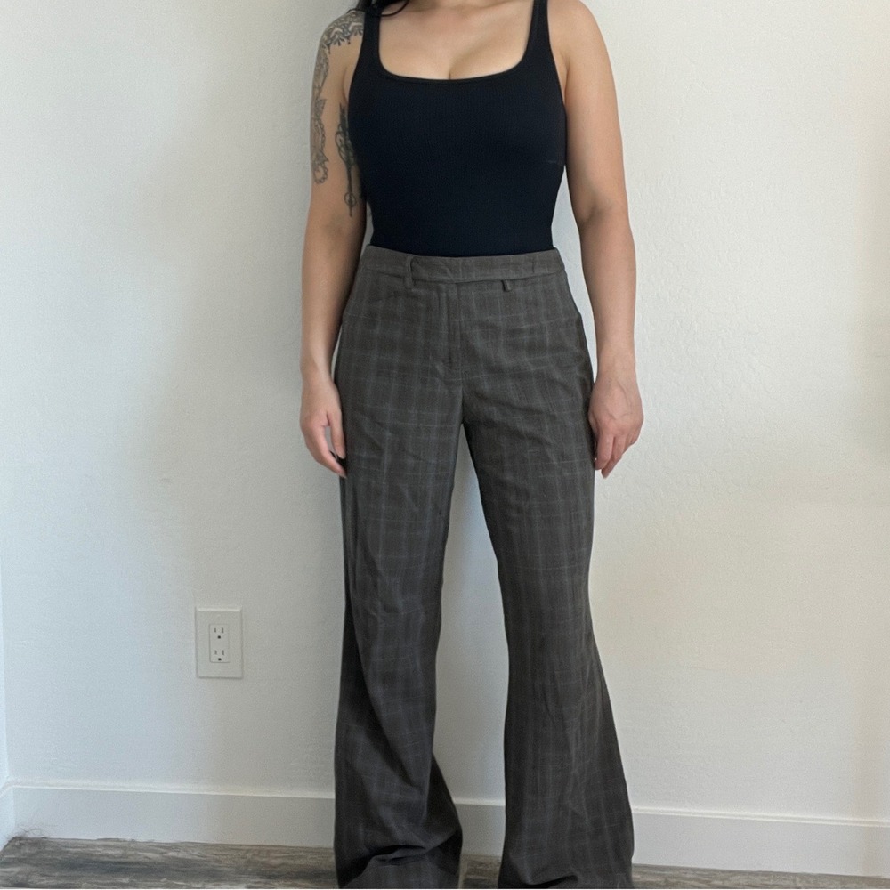 Nine West Slouchy Cyndi Dress Pants Brown Plaid Wide Leg Cuffed Trousers Y2K